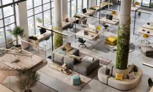 An office space with empty desks, chairs and pillars in the middle of the room