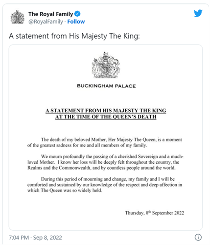 Statement from his majesty the king at the time of the queens death