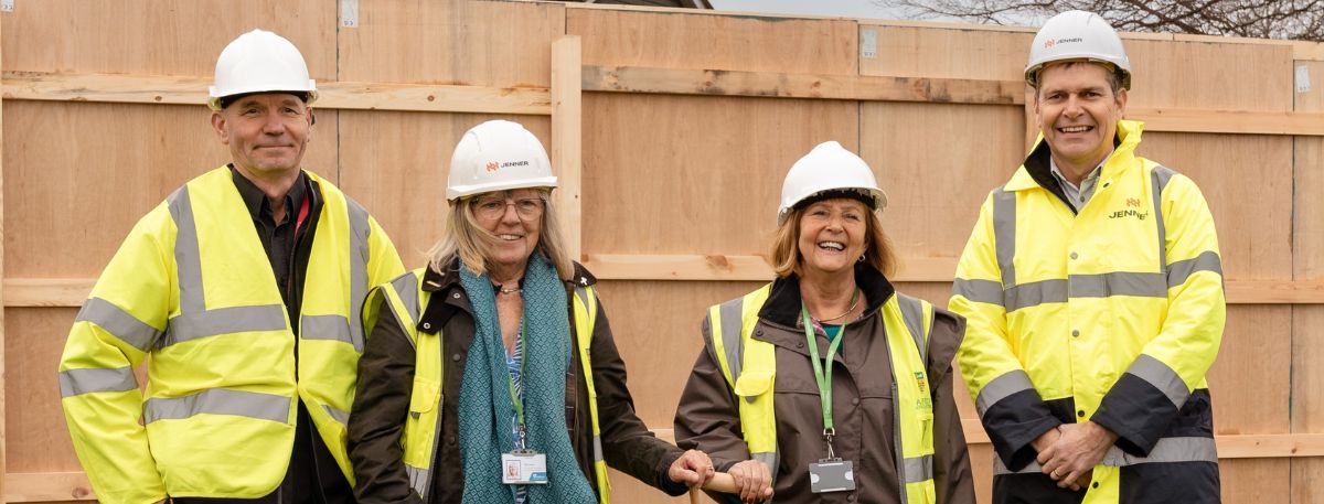 From L-R, ABC Leader Cllr Noel Ovenden and ward members Kate Leavey and Lyn Suddards are joined by Jenner Director Dean Elvidge for a groundbreaking ceremony at the Oakleigh House site.
