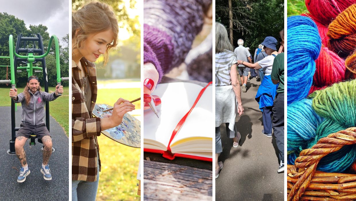 Examples of a summer of wellbeing in Ashford's open spaces, including outdoor gym, painting, reading, knitting and walking