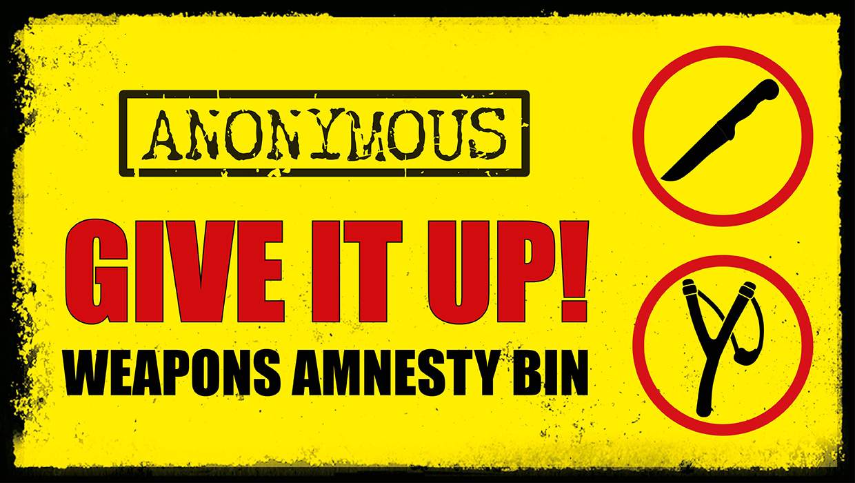 Weapons amnesty bin campaign from Ashford Borough Council with main text that reads 'Give it up' tile