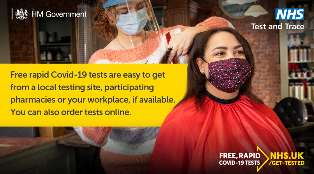 HM Government banner that reads: Free rapid COVID-19 tests are easy to get from a local testing site, participating pharmacies or your workplace, if available. You can also order tests online.