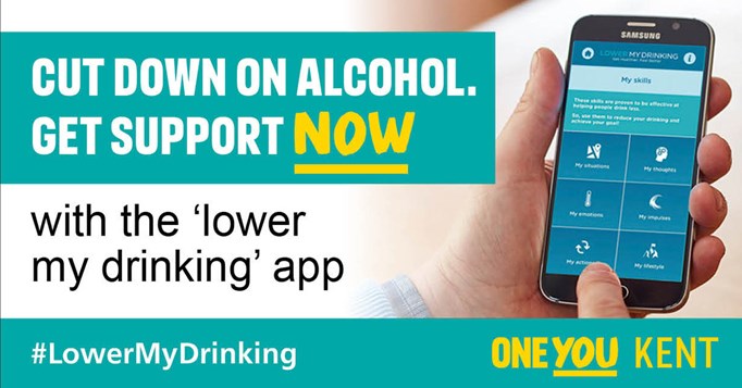 Person holding mobile phone displaying the 'lower my drinking' app