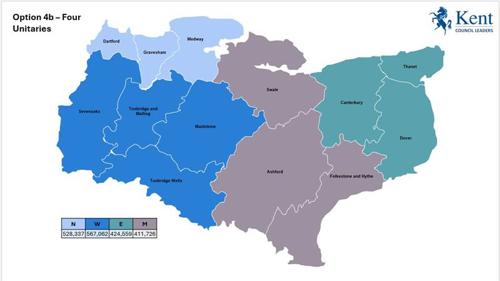 Map showing proposals for four unitary councils consisting of Dartford, Gravesham and Medway in the north; Sevenoaks, Tonbridge and Malling, Maidstone and Tunbridge Wells in the west; Swale, Ashford and Folkestone and Hythe in the middle of Kent and Canterbury, Thanet and Dover in the east.