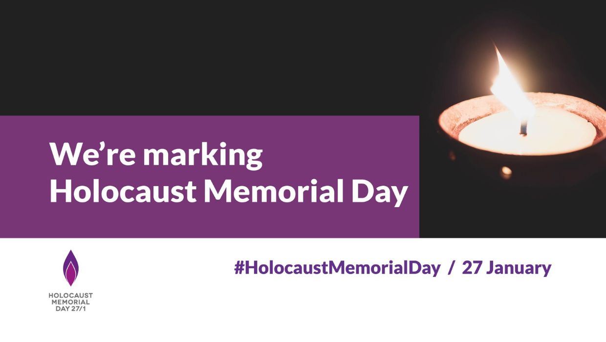 Holocaust Memorial Day poster - image of lit candle on the right side