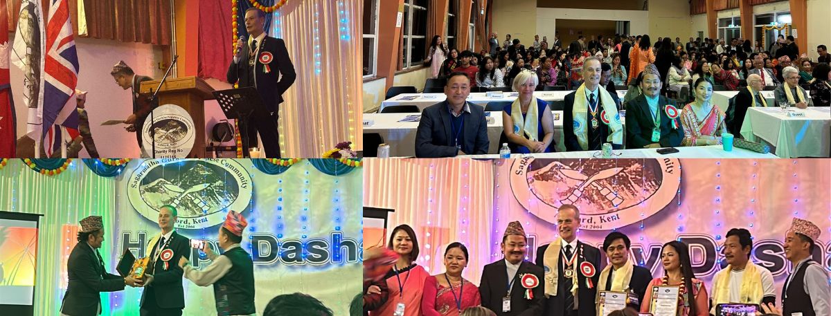 A collage of Cllr Peter Feacey attending SGNCAK's Dashain/Tihar celebration night