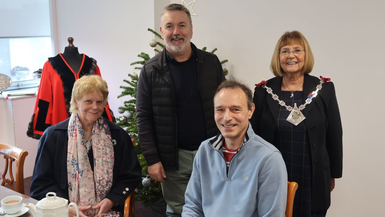 From left to right: Margaret Todd (Lord Whiskey), Ian Fowkes (Bright City Church), Alexander Todd (Lord Whiskey), Cllr Lyn Suddards, The Mayor of the Borough of Ashford