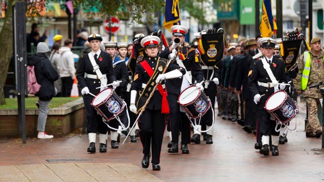 The Band of the Ashford Sea Cadets on parade in the High Street.