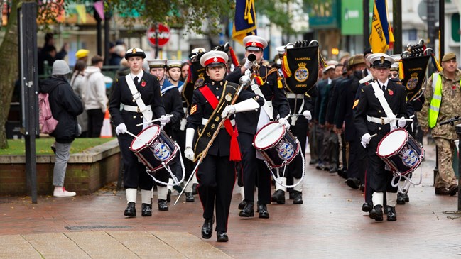 The Band of the Ashford Sea Cadets on parade in the High Street.