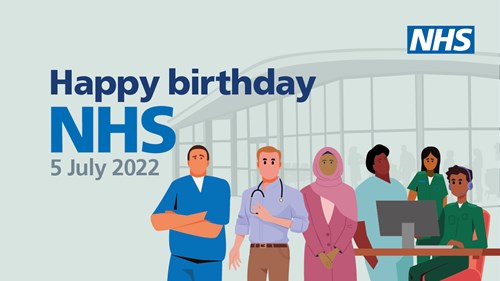 Graphic of NHS staff with NHS logo which reads - Happy Birthday NHS 5 July 2022