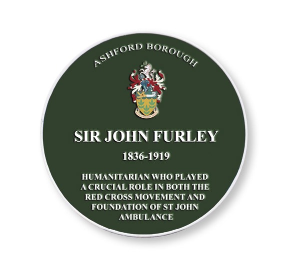 Green Plaque for Sir John Furley (1836-1919). Plaque reads: Humanitarian who played a crucial role in both the red cross movement and foundation of St John Ambulance.