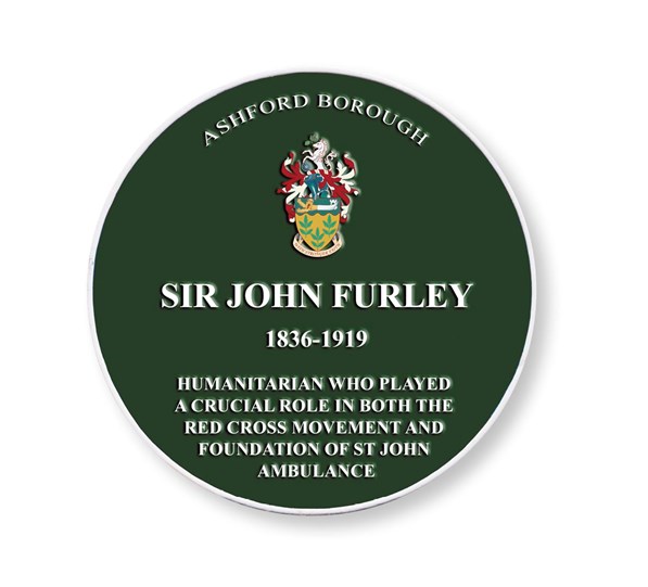 Green Plaque for Sir John Furley (1836-1919). Plaque reads: Humanitarian who played a crucial role in both the red cross movement and foundation of St John Ambulance.