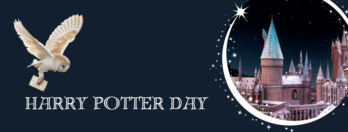 Owl flying through the sky holding letter alongside image of Hogwarts castle. 