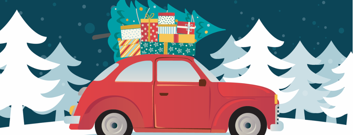 Graphic of a car in a snowy landscape with a christmas tree and presents on the roof