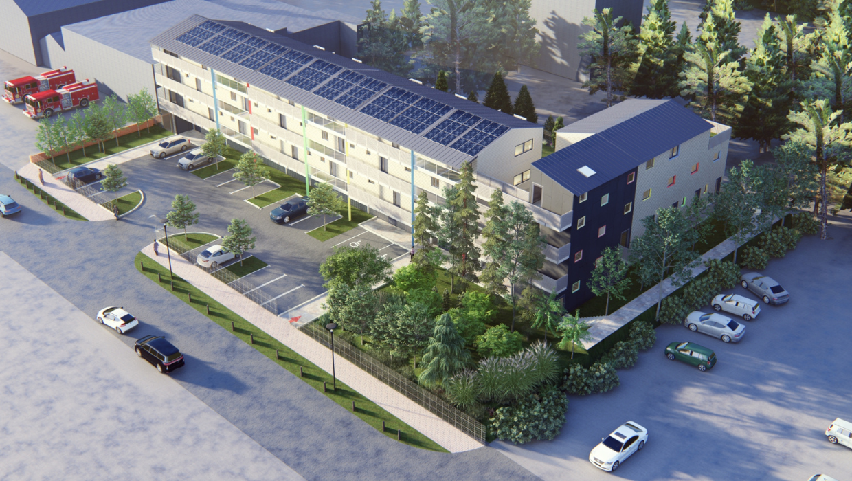 CGI of proposed modular zero carbon homes development at Henwood Car Park, Ashford tile