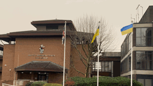 Ukrainian flag flying outside the Civic Centre