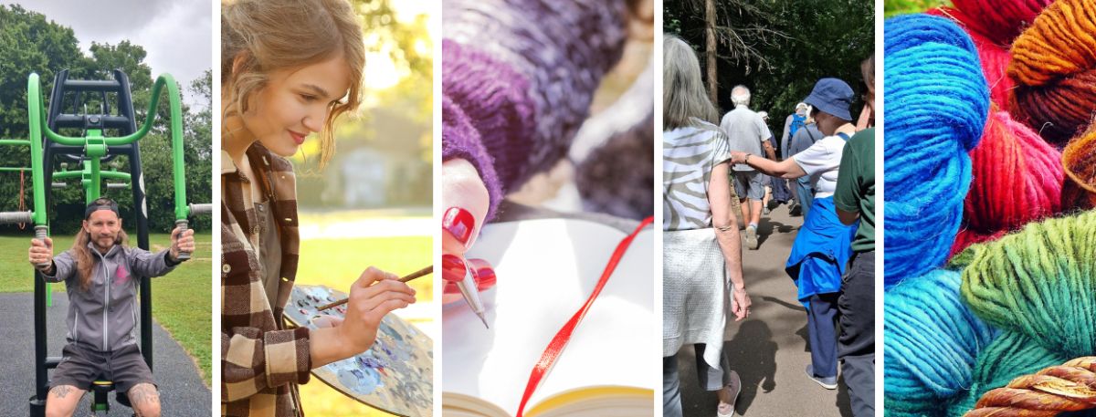 Examples of a summer of wellbeing in Ashford's open spaces, including outdoor gym, painting, reading, knitting and walking