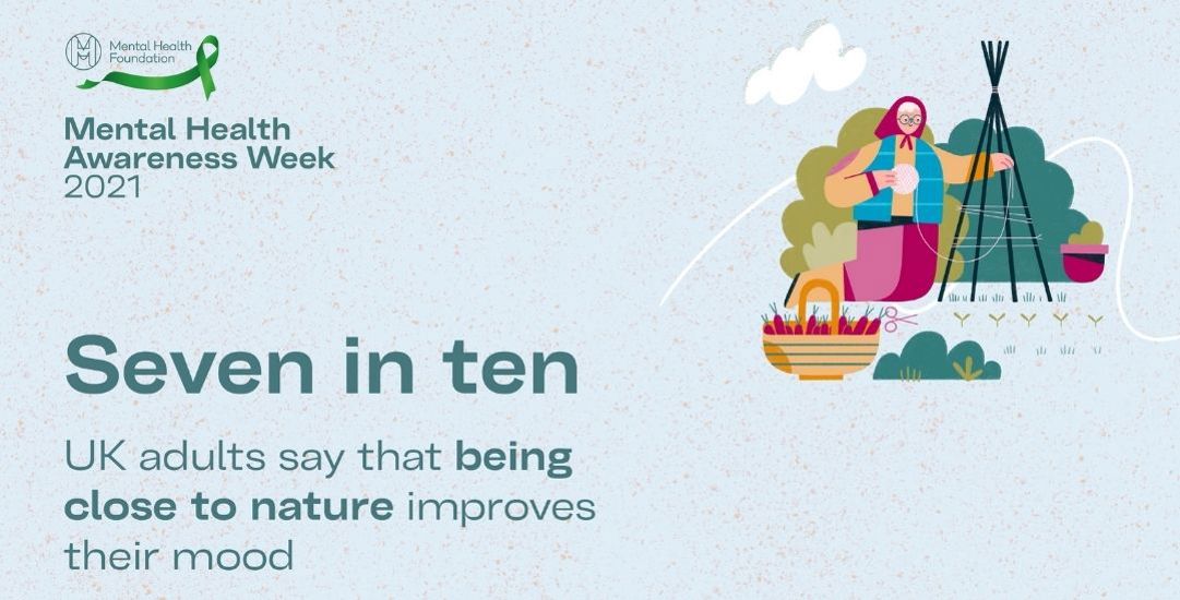 Mental Health Awareness Week 2021 banner that reads: Seven in ten UK adults say that being close to nature improves their mood
