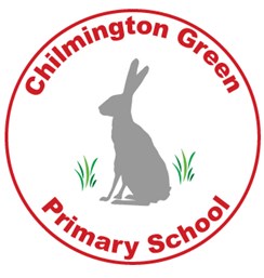 Chilmington Green Primary School logo - a rabbit sat on grass within a red circle