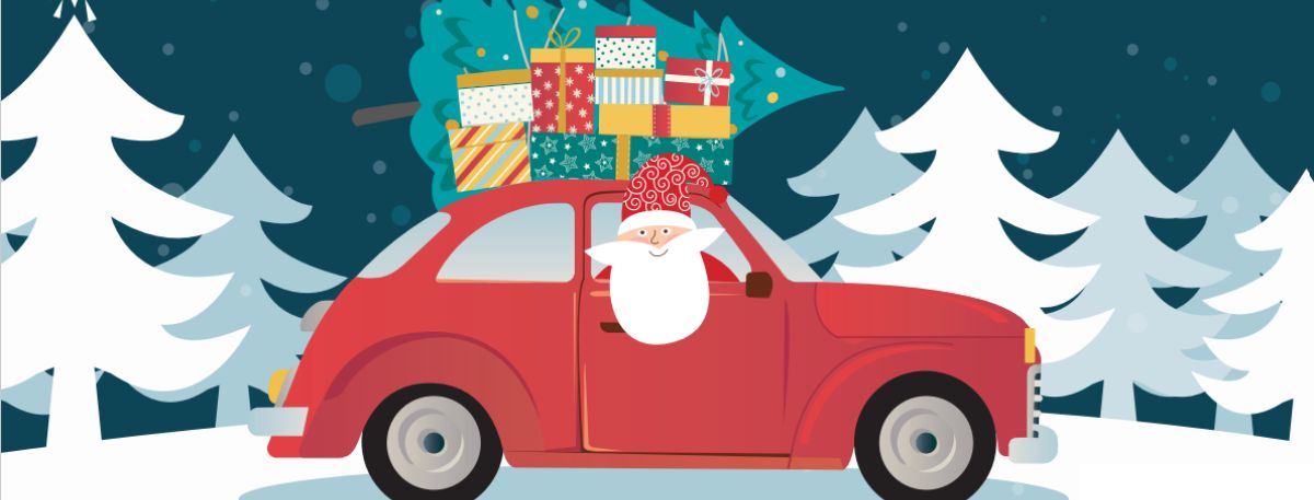 Graphic of a red car loaded with presents and Christmas tree, with Father Christmas in the window