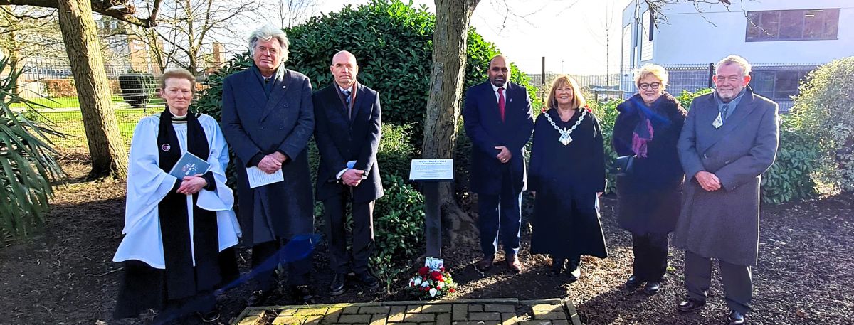 Ashford leaders commemorate Holocaust Memorial Day 2025. From left to right: 1) Cathie Aldis-Saunders, the Mayors Chaplin 2) Sir George Jessel, Deputy Lord Lieutenant of Kent 3) Cllr Noel Ovenden, The Leader of the Council 4) Sojan Joseph MP 5) Cllr Lyn Suddards, The Mayor of Ashford 6) Tracey Kerly, CEO of Ashford Borough Council 7) Cllr Charles Suddards