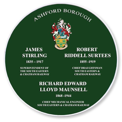 Newtown Plinth Green Plaque commemorating the following people: James Stirling (1835-1917) Superintendent of The South Eastern & Chatham Railway; Robert Riddell Surtees (1855-1919) Chief Draughtsman South Eastern & Chatham Railway; Richard Edward Lloyd Maunsell (1868-1944) Chief Mechanical Engineer South Eastern & Chatham Railway.