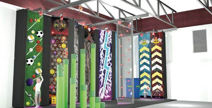 CGI of new climbing wall at the Stour Centre. Brightly coloured columns with different designs