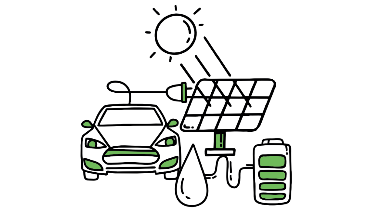 Graphic of solar panels, a battery, car and water drop