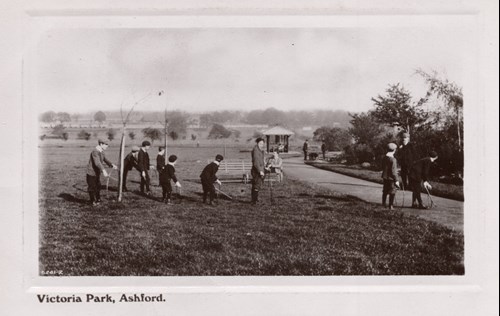Hoop rolling at Victoria Park, postcard, circa. early 20th century.