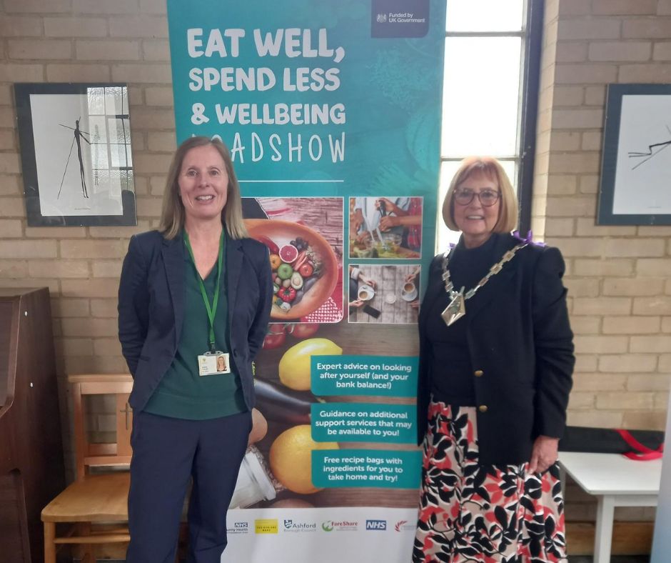 Image entitled The Mayor of Ashford Cllr Lyn Suddards attending an Eat Well Spend Less Roadshow, pictured with Ashford Borough Council Public Health Co-Ordinator Emma Everett
