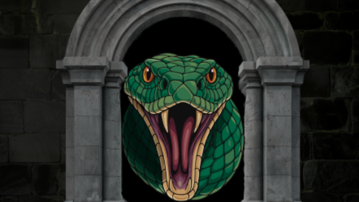 A green snack with its mouth open with top and bottom fangs showing under a stone arch