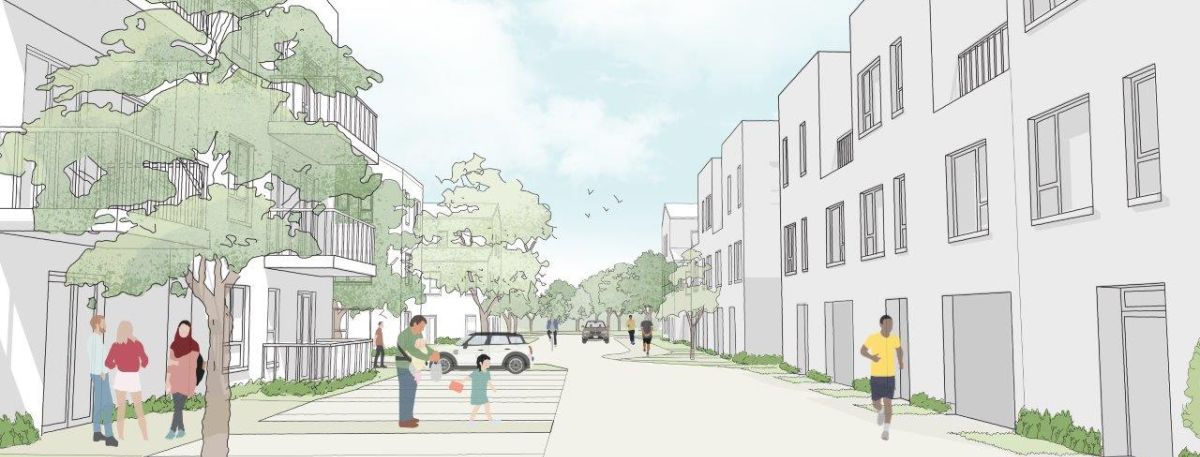 Computer generated image showing plans for 28 affordable homes, a community project and new landscaped parkland on derelict land in Ashford