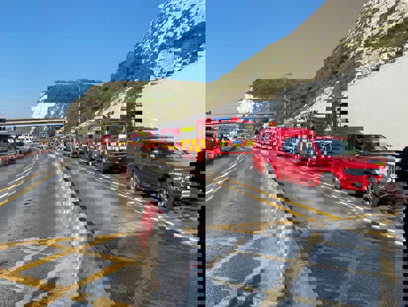 Convoy of fire engines travelling on a motorway near Dover, on route to Ukraine