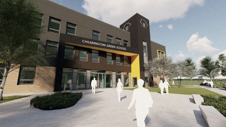 CGI image of main TB elevation from boulevard at proposed Chilmington Green school in Ashford