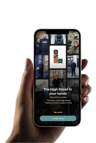 Hand holding phone displaying the new Localise digital app