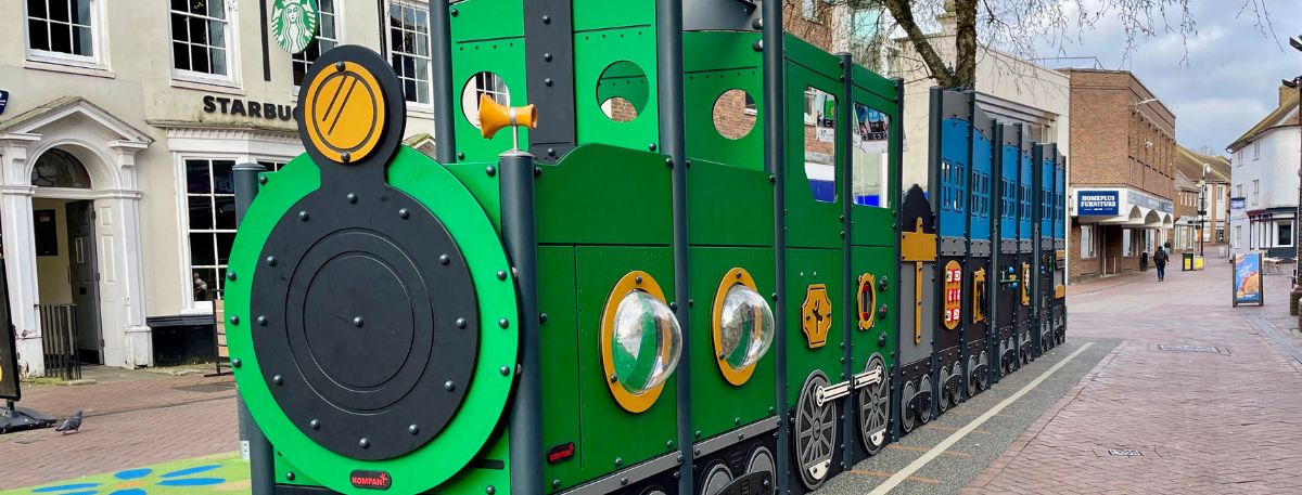 A picture of the Play Train in Ashford Town Centre - credit KOMPAN