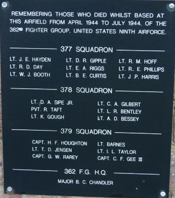 Plaque at RAF Headcorn showing the names of Air Force members who died whilst based at the airfield between April-July 1944
