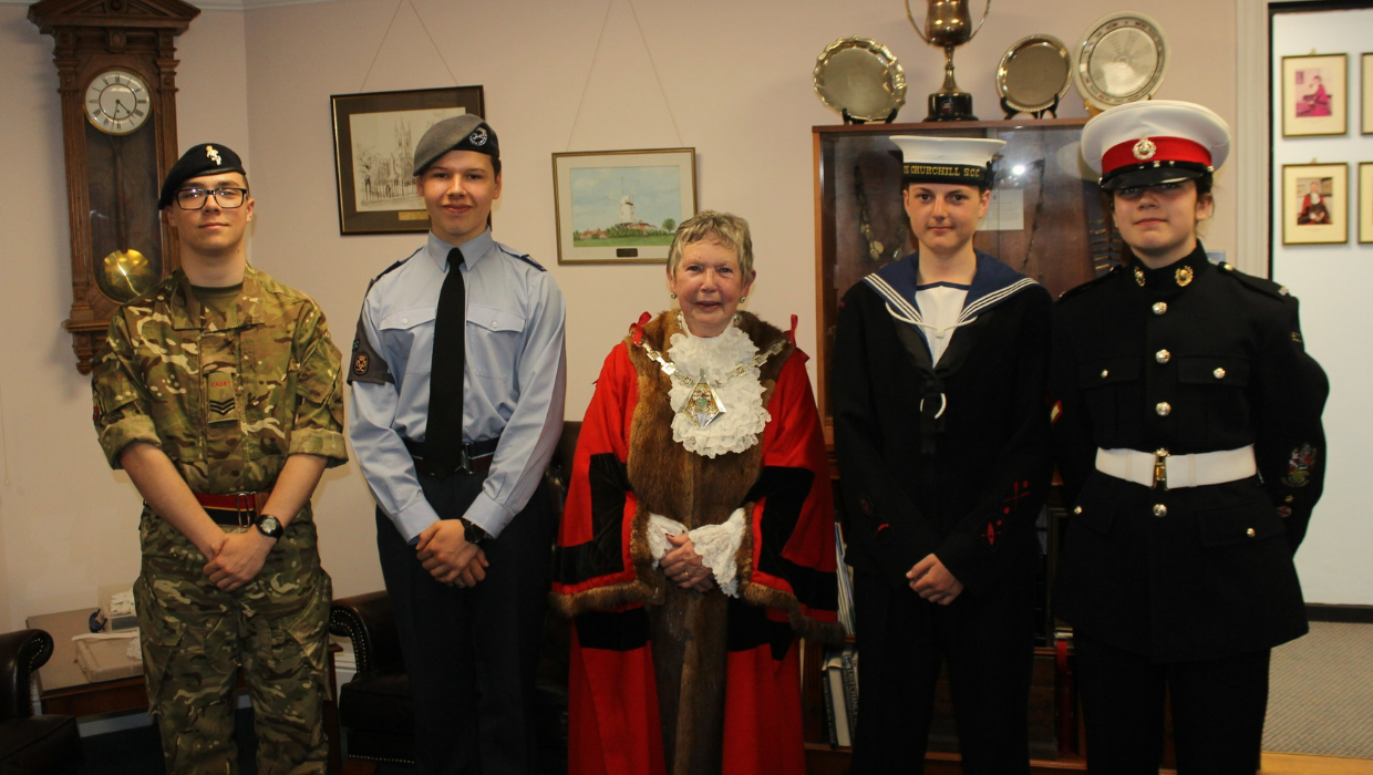 The Mayor of Ashford Cllr Mrs Jenny Webb alongside Ashford cadets tile