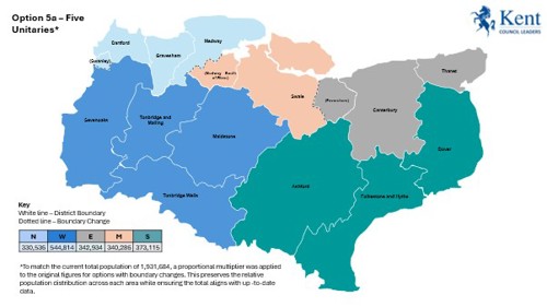 Map showing Gravesham Borough Council and Dartford Borough Council developing proposals for a five-unitary model also including a number of boundary changes.