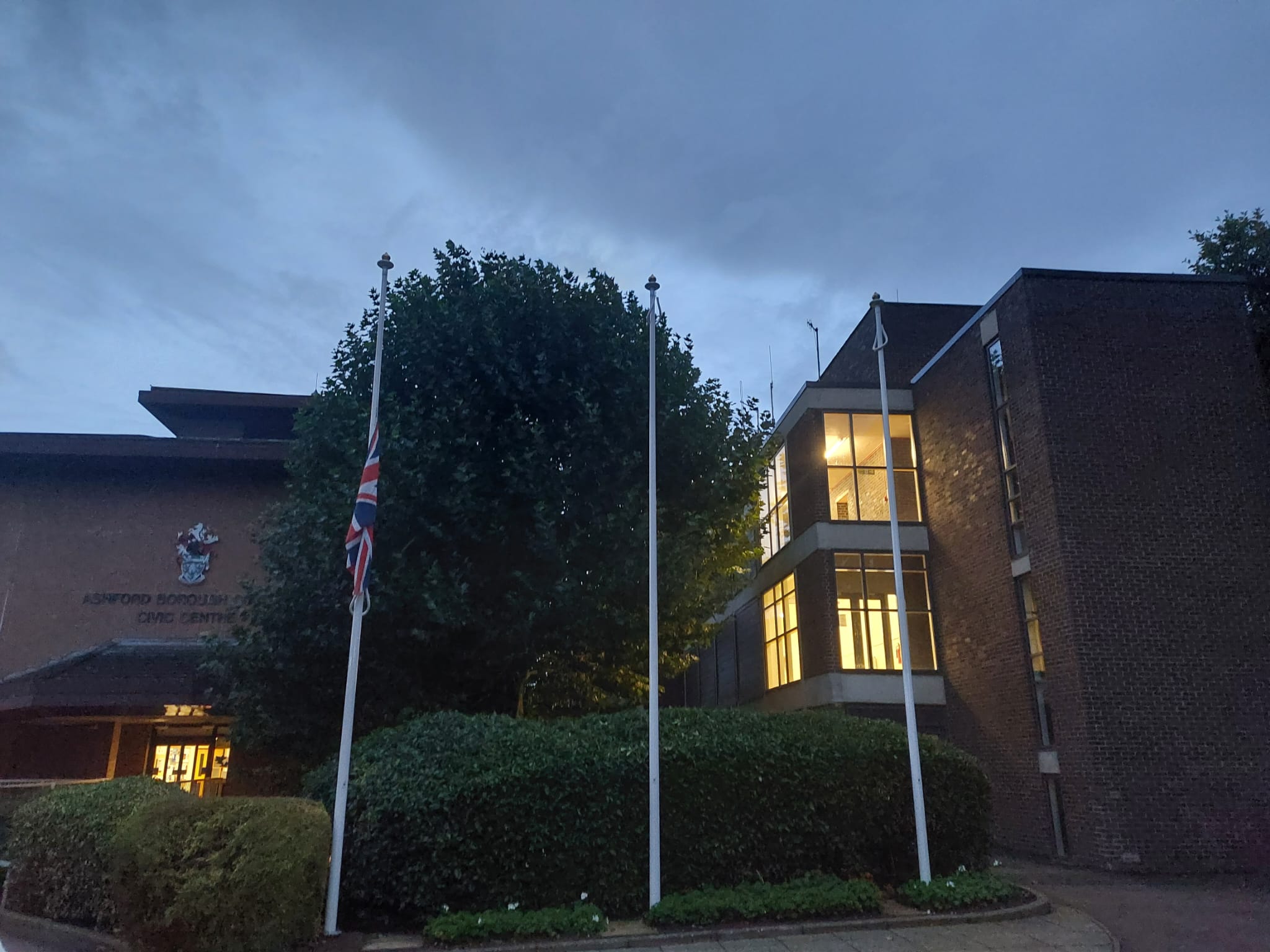 Image entitled Union Flag flying at half-mast outside of Ashford’s Civic Centre on Thursday 8 September, 2022