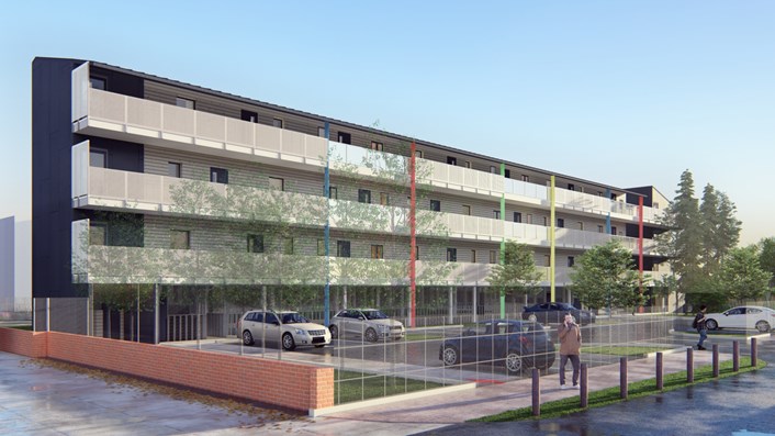 CGI of proposed modular zero carbon homes development at Henwood Car Park, Ashford