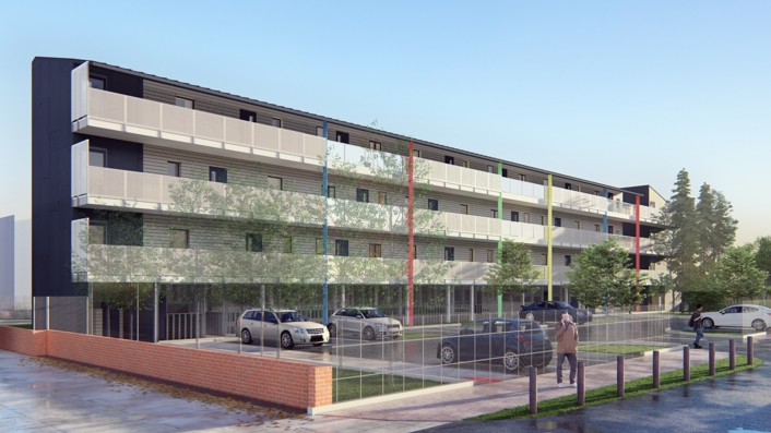 CGI of proposed modular zero carbon homes development at Henwood Car Park, Ashford