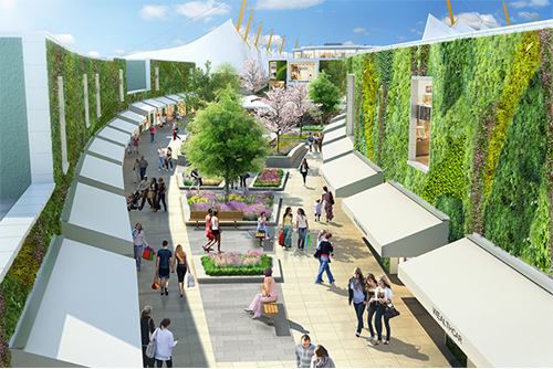 Concept drawing of new shops at the Designer Outlet with people walking between shops