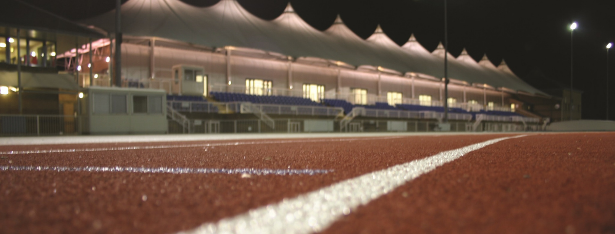 close up of running track at Julie Rose Stadium in Ashford