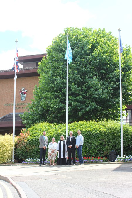 From left to right, Cllr Matthew Forest, portfolio holder for Environment, Land and Recreation, The Mayor of Ashford, Cllr Jenny Webb, The Mayor’s Chaplain Revd Dr Sue Starkings, The Deputy Mayor of Ashford, Cllr Larry Krause, Ben Lockwood, Deputy Chief Executive of Ashford Borough Council.