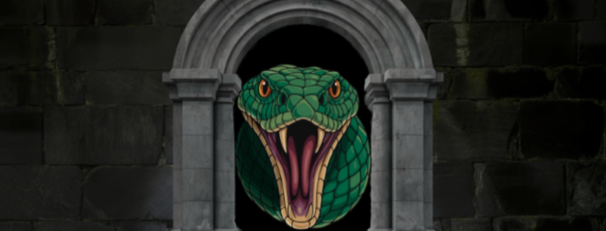 A green snack with its mouth open with top and bottom fangs showing under a stone arch